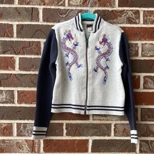 B1G2F 🚨 Tea Collection Gray and Navy Dragon Zip Up Knit Sweater